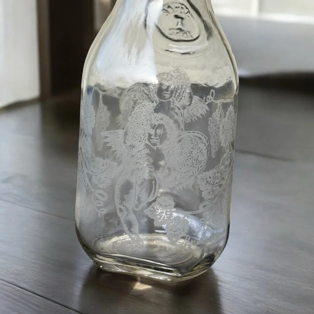 Vintage Paul Masson Vineyards Etched Glass Wine Carafe Floral Cherub